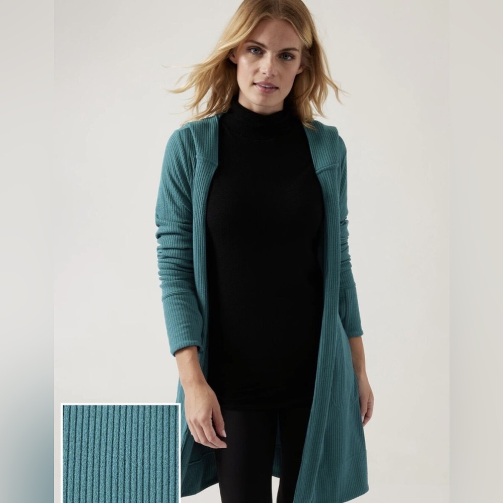 Athleta Harmony Pose Wrap Teal Green Hooded Rib Knit Open Cardigan size XS